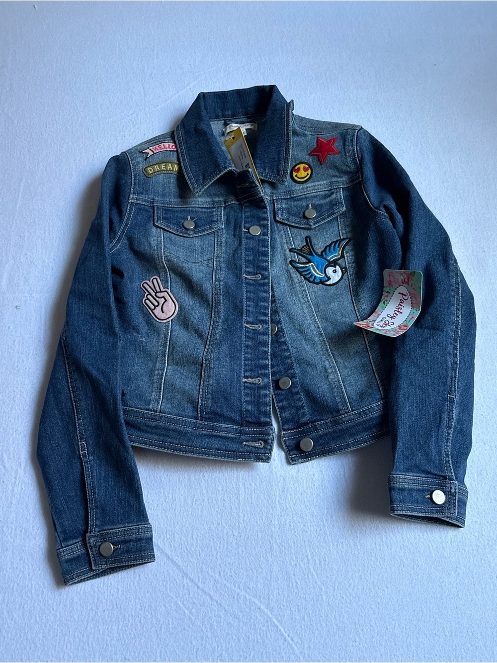 Paisley Sky Dark Blue Denim Jacket with Colorful Patch Accents